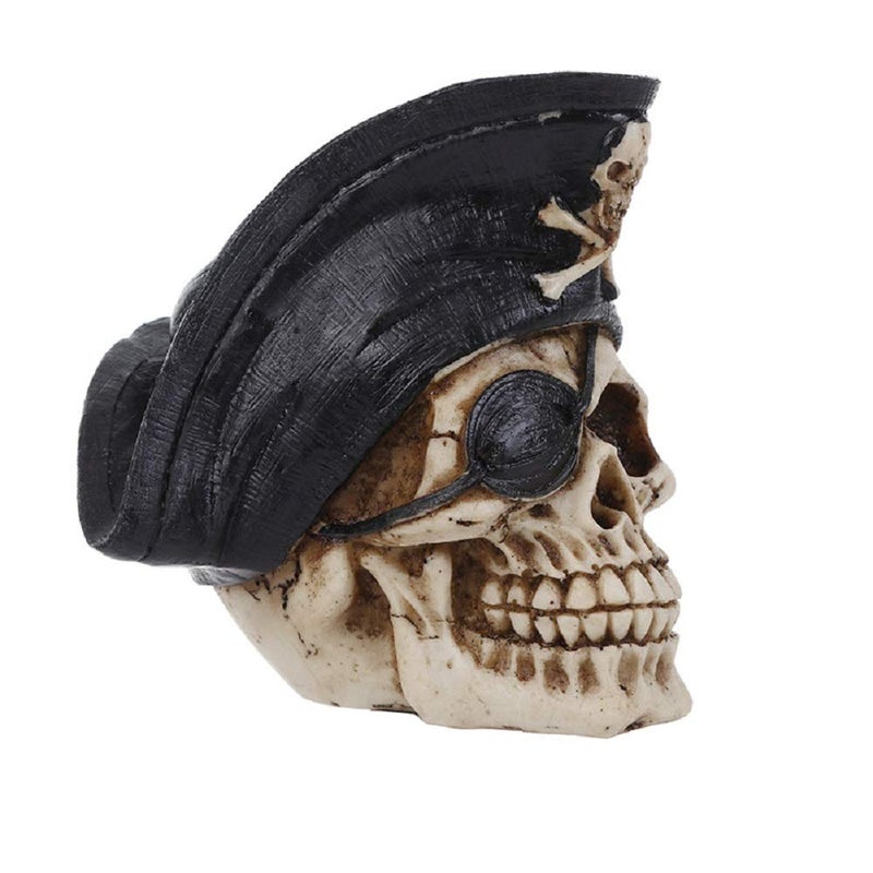 ChezMax Funnuf Realistic Human Skull Resin Statue Head Skeleton Ghost Whisper Graveyard of Craniums Figurine Sculpture, Skull with Pirate, 5.5 Inch1